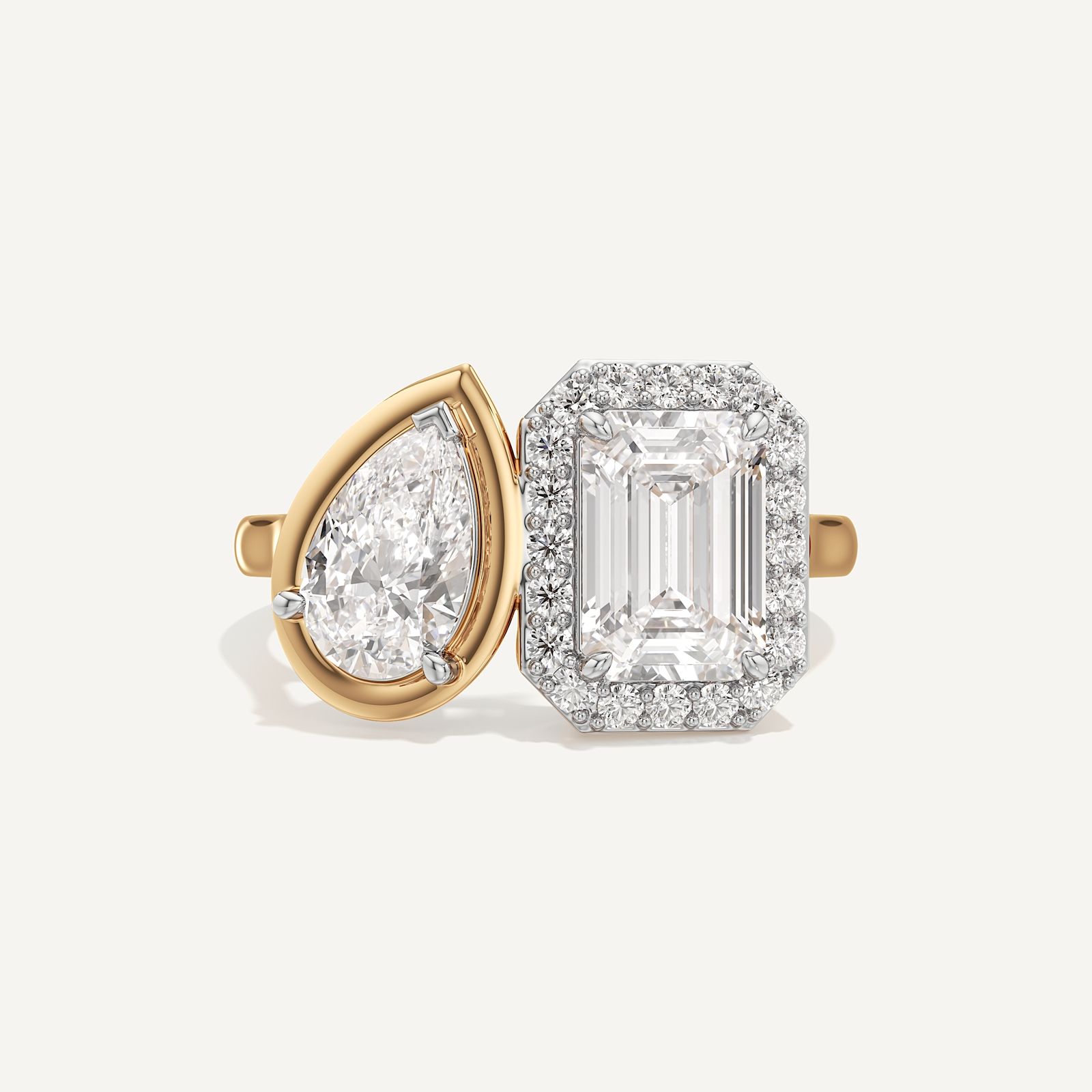 Emerald & Pear Three Prong Toi et Moi Diamond